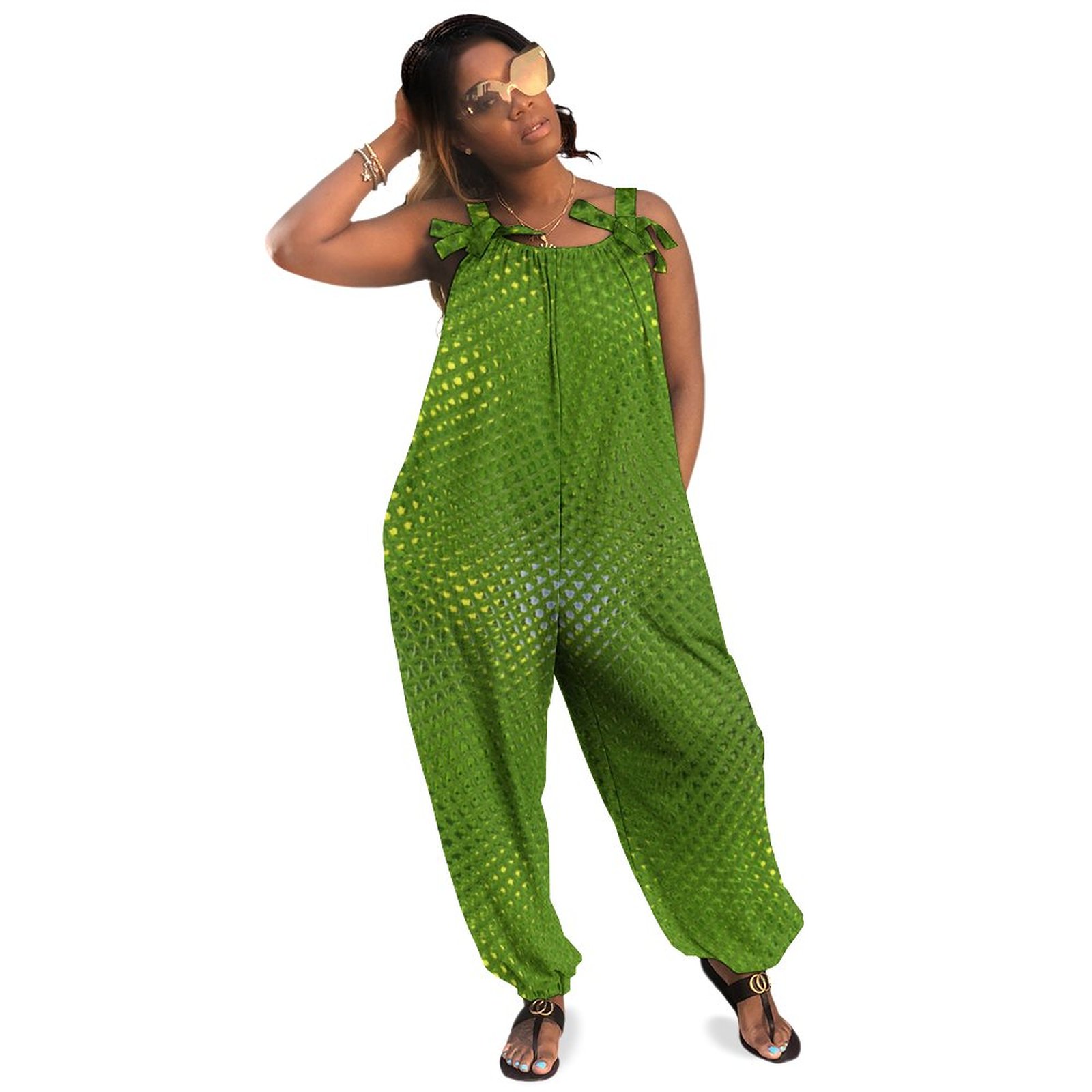 Green Lizard Print Plus Size Women Rompers Summer Casual Loose Jumpsuit Formal Overalls Boho Pockets Polyester Spandex