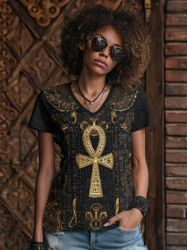 Ankh Ancient Egyptian Inspired Pattern V Neck T Shirt