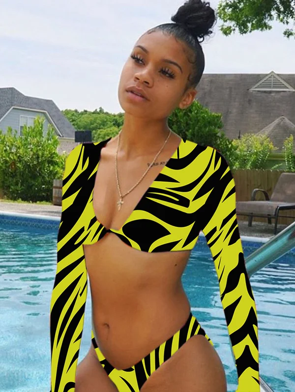 V-Neck Long Sleeve Striped Bralette Brazilian Split Bikini Swimwear