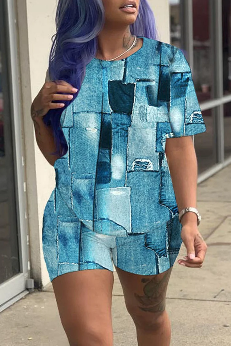 The cowboy blue Casual Print Patchwork O Neck Short Sleeve Two Pieces