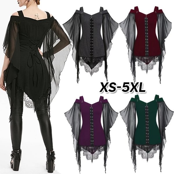 Plus Size Womens Lace Off Shoulder Gothic Tunic Tops T Shirt Ladies Bat Sleeve Criss Cross Lace Up Halloween Blouse - Chicaggo