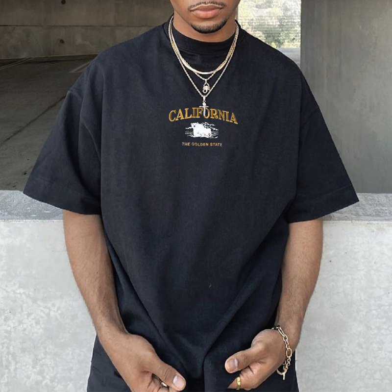 "California Bear" Retro Print Casual T-shirt、、URBENIE