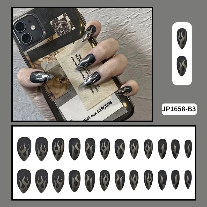 24PCS Dark Punk False Nails with Glue Gradient Long Detachable Fire Stick on Nails Skull Flame  Art DIY Fashion Manicure Tool-Nail Inspo