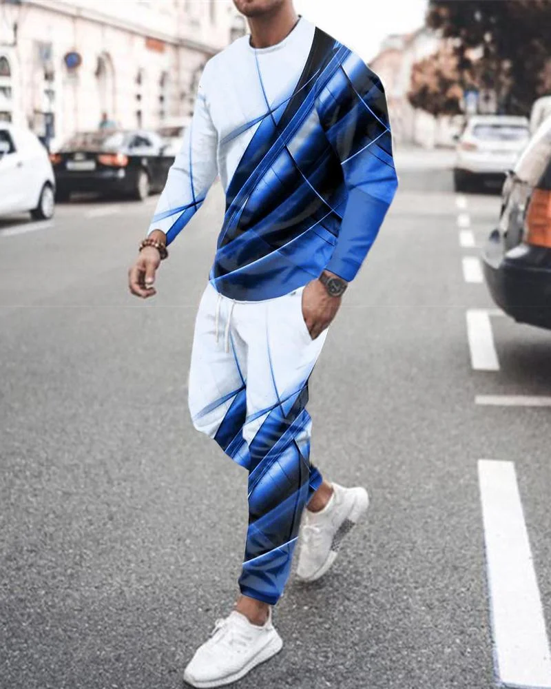 Men's Fashion Blue Abstract Printing Long-sleeved Suit