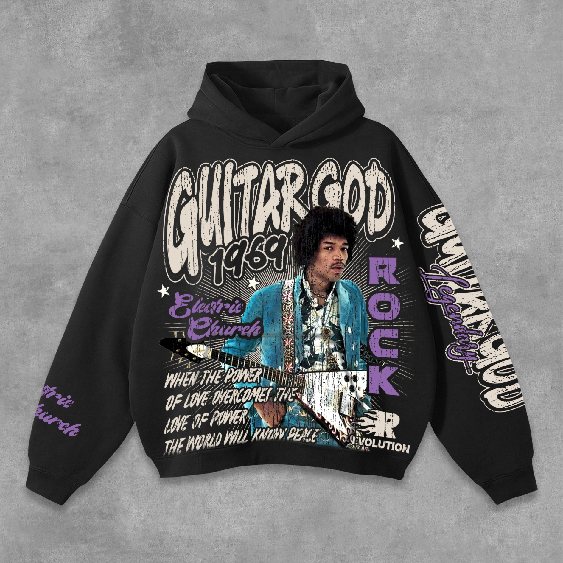 Jimi Hendrix Art 1969 Guitar God Graphic Pocket Hoodie