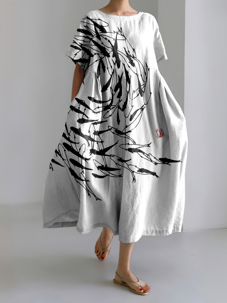 Comstylish Japanese Art Vintage Sea World Flock Of Fish Print Casual Art Linen Blend Maxi Dress