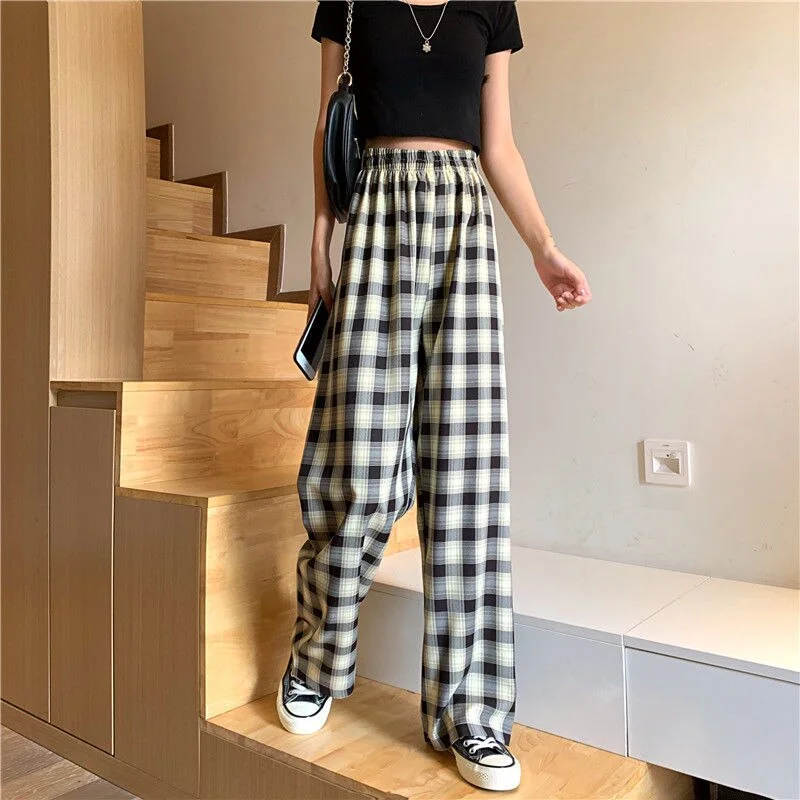 Casual Pants Women Plaid Preppy Style Mopping Korean Vintage Sweet Ins Fashion Womens All-match Candy Color Chic Ulzzang Retro
