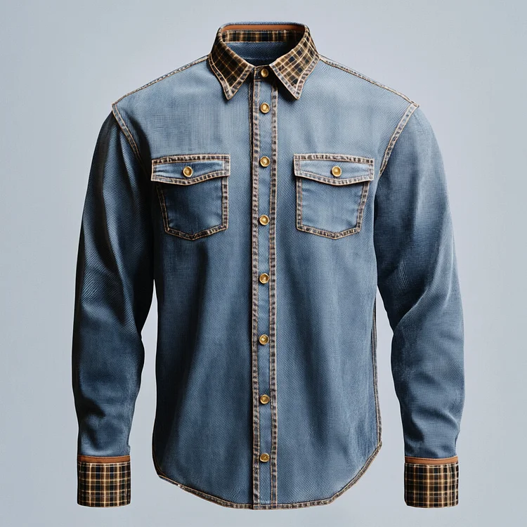 Men's Plaid Patchwork Denim Button Chest Pocket Long Sleeve Shirt