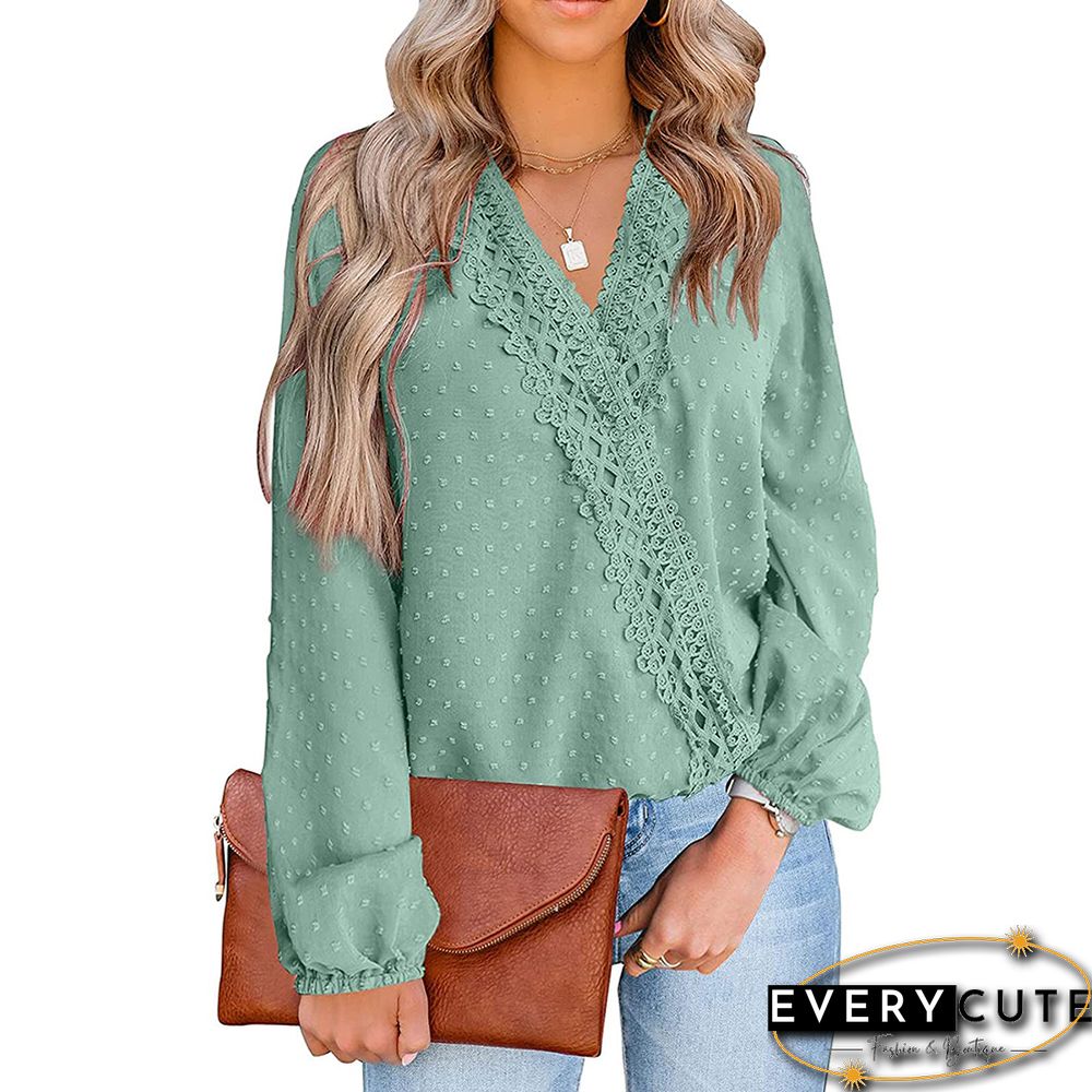 Light Green Swiss Dot Lace Chiffon V Neck Blouse