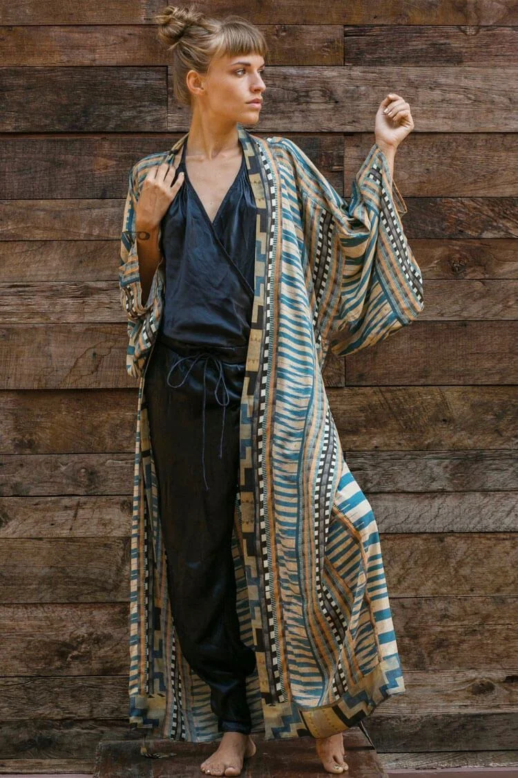 Geometric Printed Belted Long Sleeve Kimono Maxi Cover Up-elleschic
