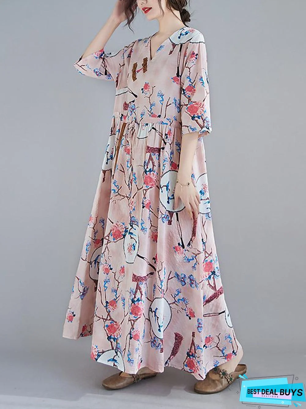 Women's Swing Dress Maxi Long Dress 3/4 Length Sleeve Floral Spring Summer Casual Blushing Pink Light Blue