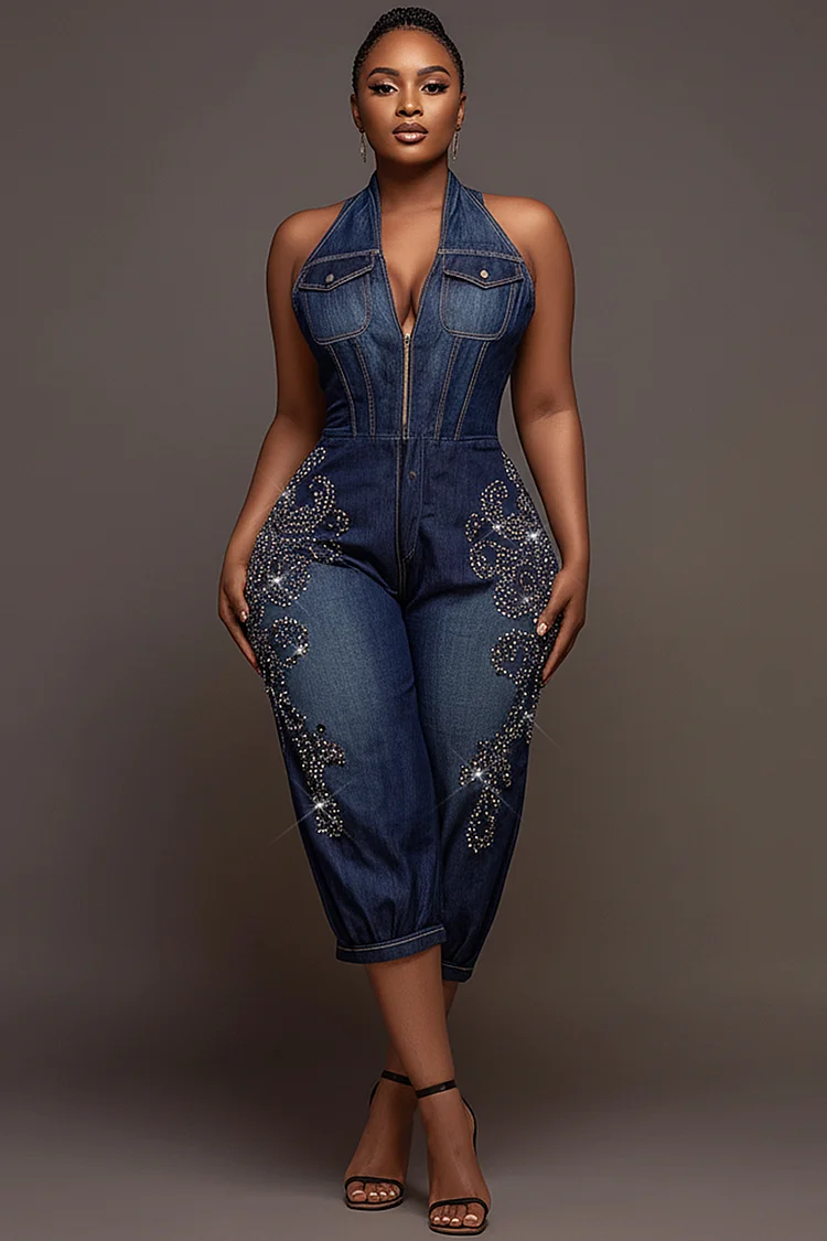Xpluswear Design Plus Size Party Blue Halter Collar Drilling Backless Denim Jumpsuits [Pre-Order] 2024 - Xpluswear