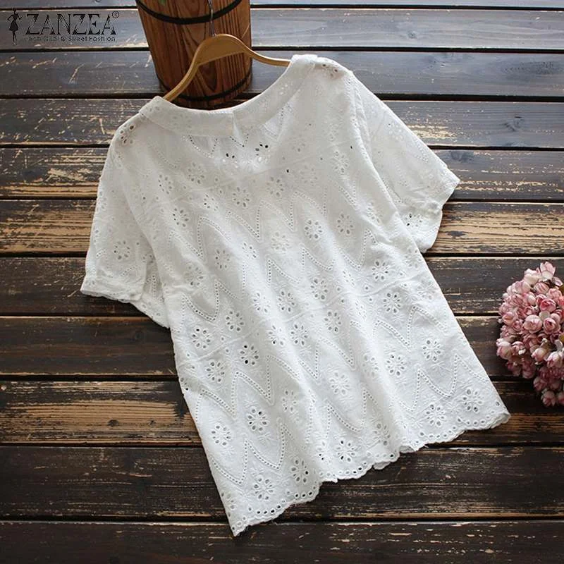 ZANZEA Vintage Women Lace Crochet Blouse Summer Short Sleeve Hollow Out Tunic Tops Solid Embroidery Shirt Casual Blusas Chemise
