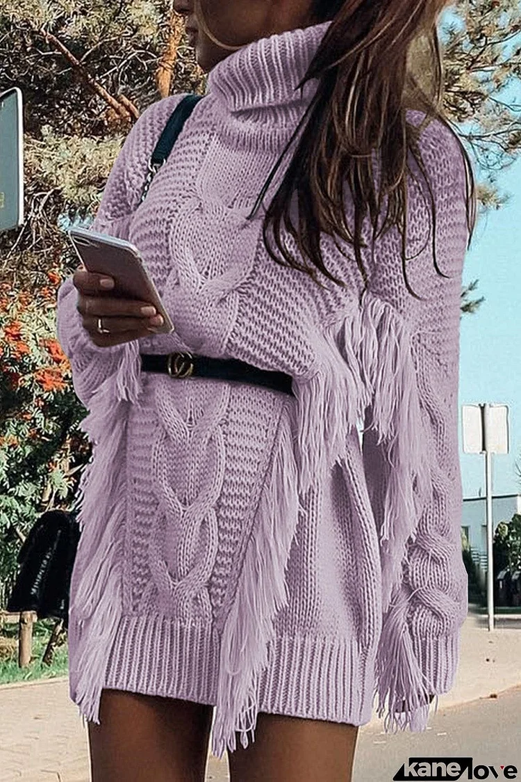 Twist Fringe Casual High Neck Sweater Dress