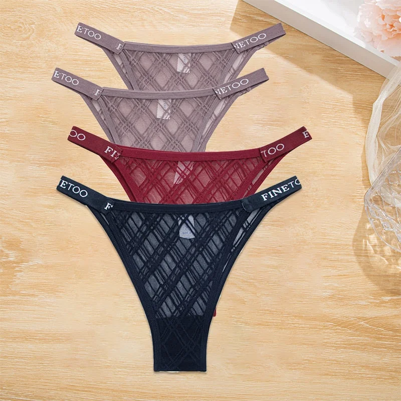 FINETOO 4PCS/Set Women's Lace Lingerie Panties Mesh Gstring Female Underpant Sexy Letter Panties Thong Girls Underwear Intimates