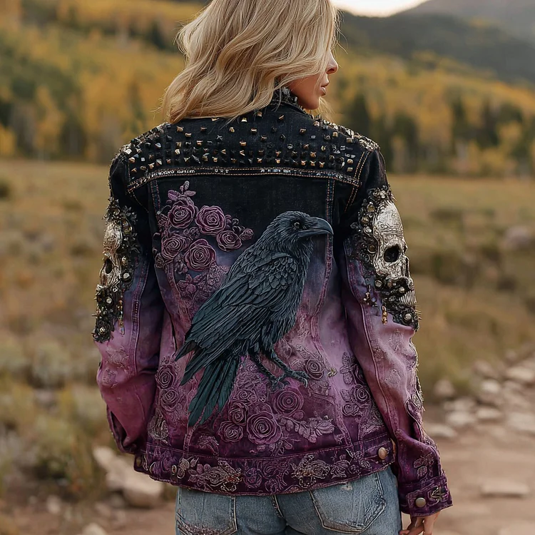 Halloween Raven Skull Rose Beaded Washed Denim Jacket