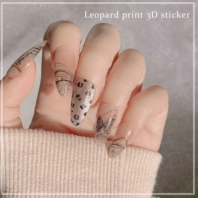 1PC 3D leopardo Nail Stickers Decals Butterfly Leopard Back Adhesive Sliders Wraps Colorful DIY Nail Art Extension Decoration-Nail Inspo