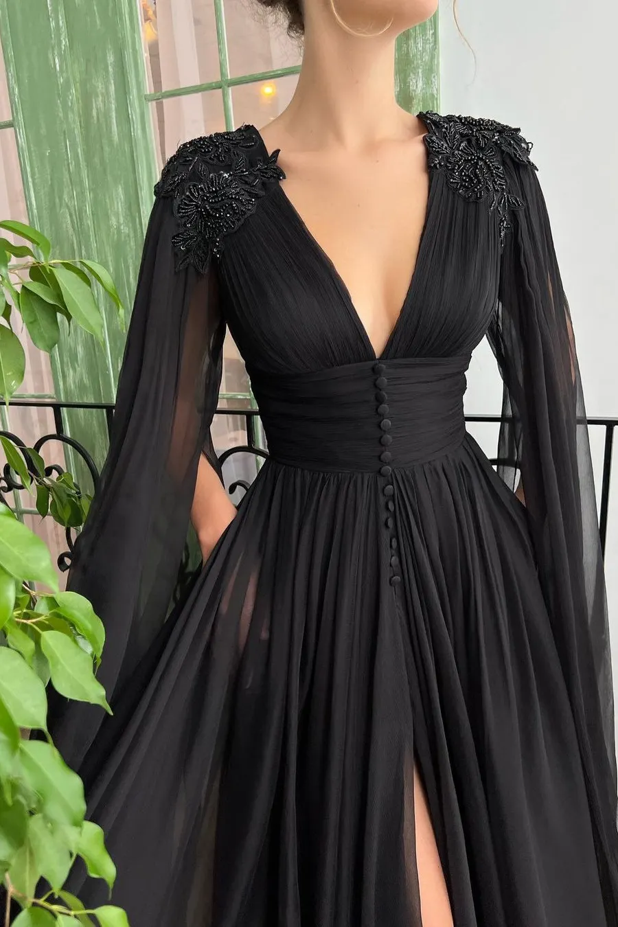 1320 Black Slit Ruffle Evening Dress