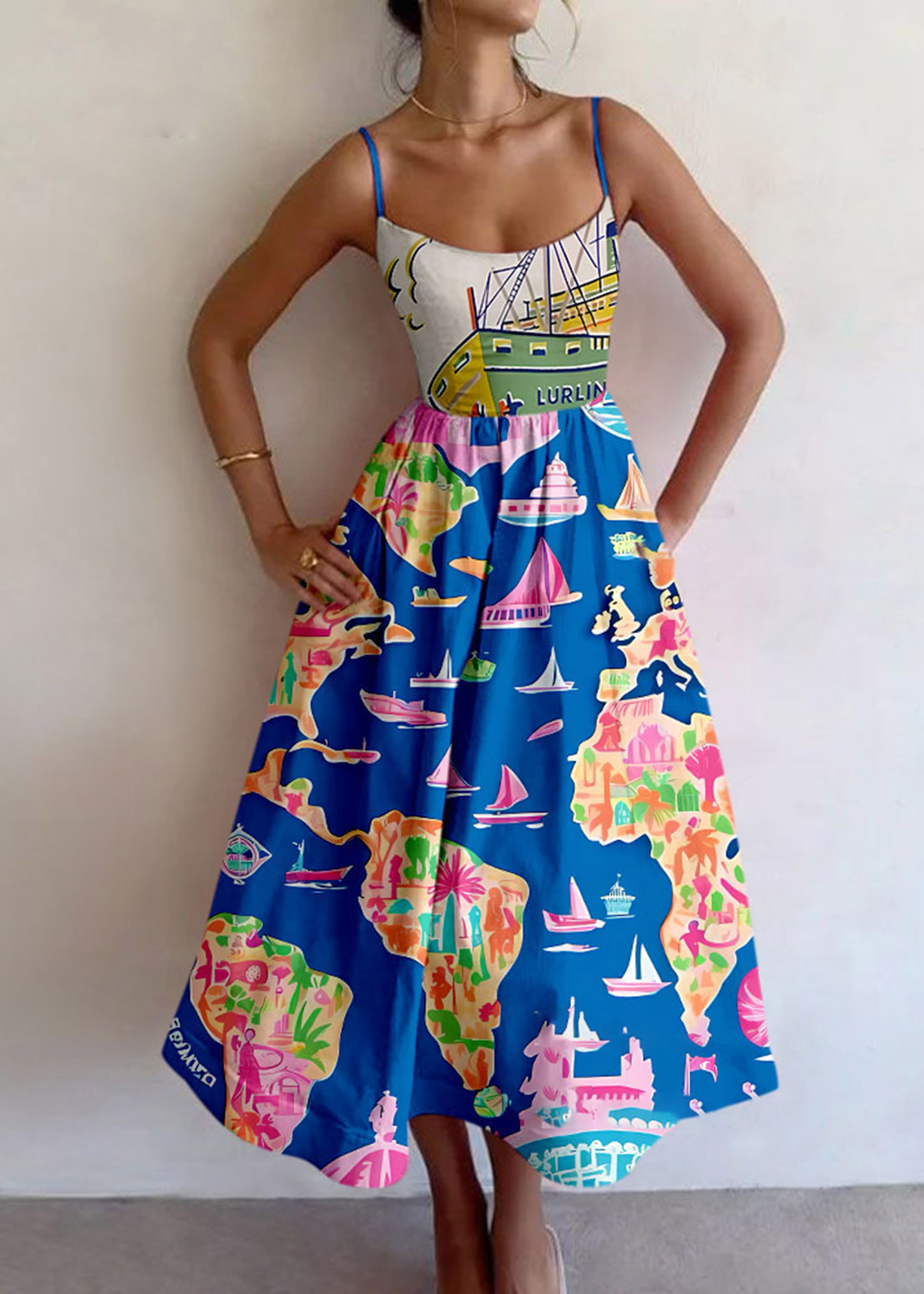 Boats Beach Print Slip Dress