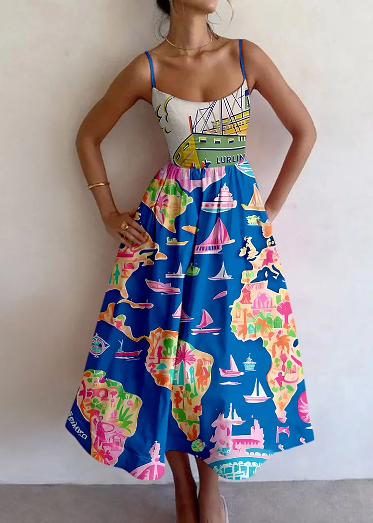 Boats Beach Print Slip Dress