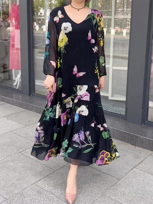 Floral Printed Long Sleeves Loose V-Neck Maxi Dresses