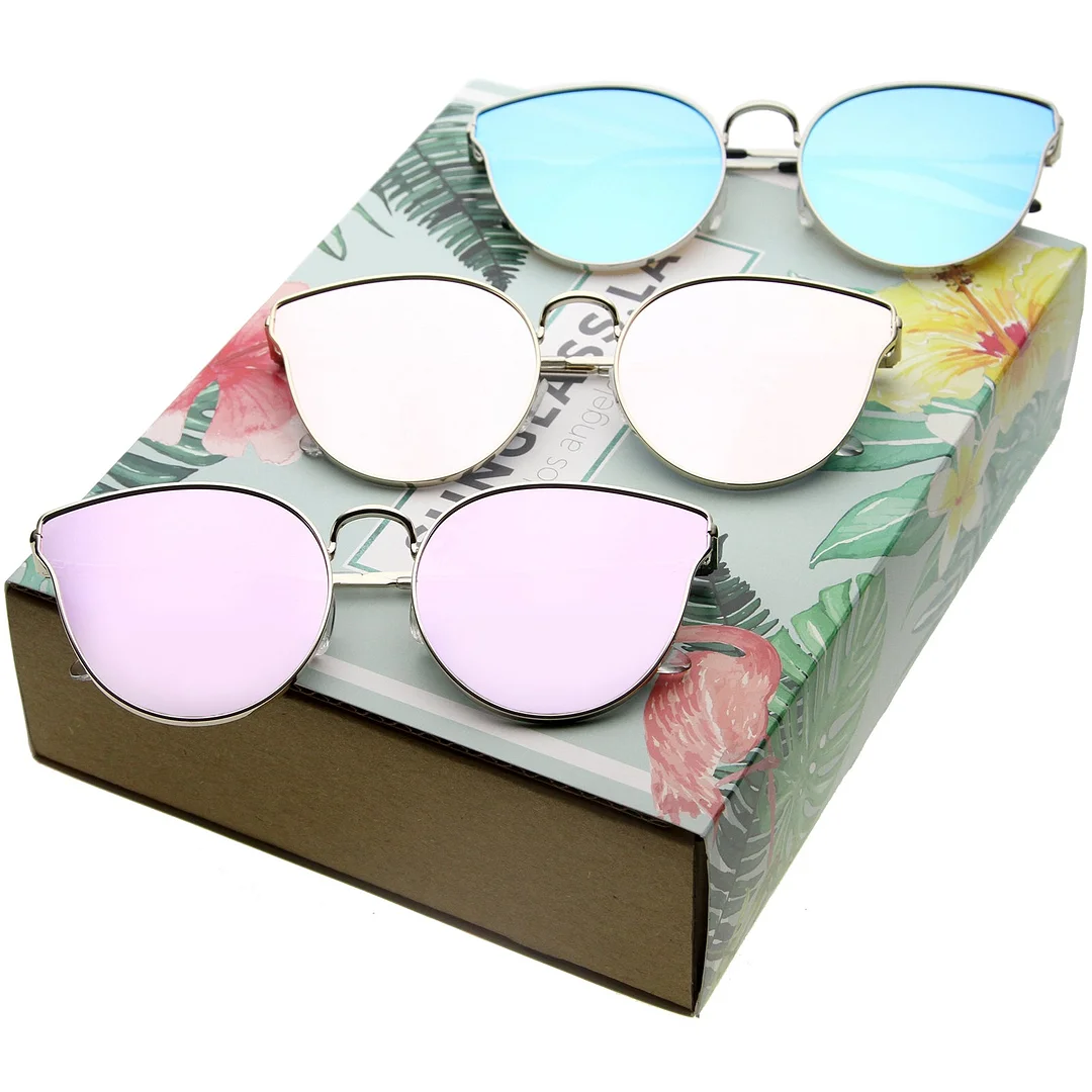 Premium Metal Cat Eye Sunglasse With Slim Arms And Round Colored Mirror Flat Lens 54mm