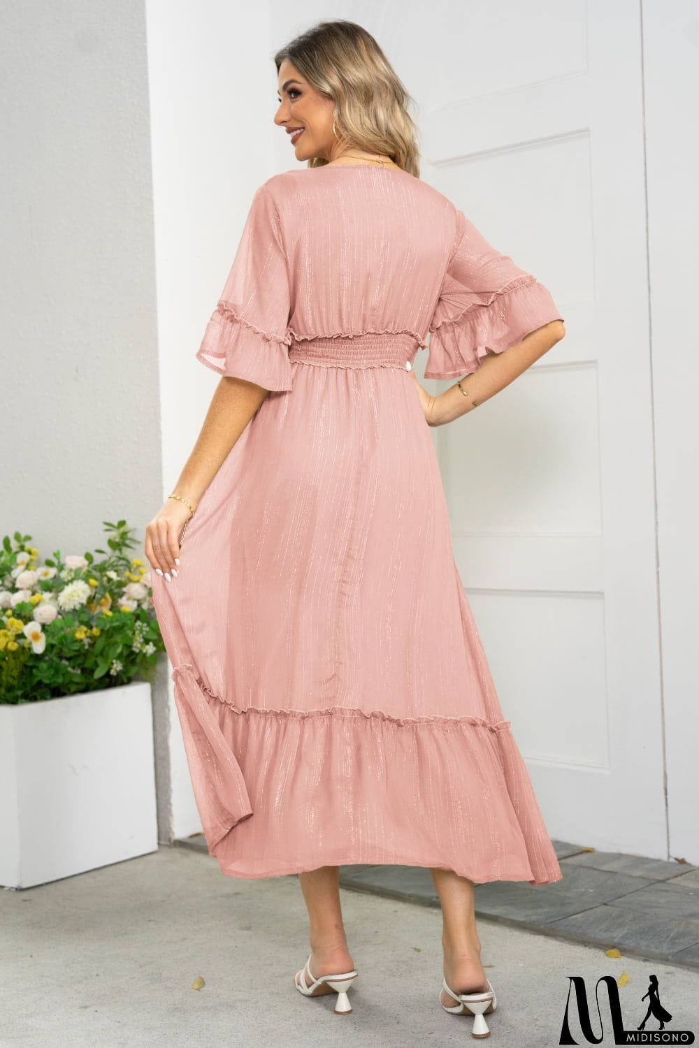 MidiSono - V-Neck Flounce Sleeve Smocked Waist High Slit Dress