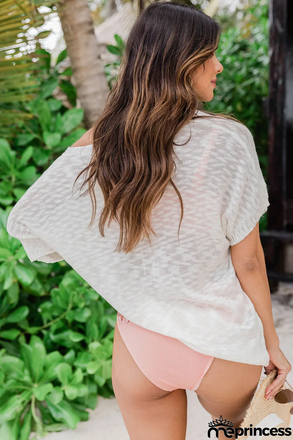 Beige V Neck Knitted Short Sleeve Top with Pocket