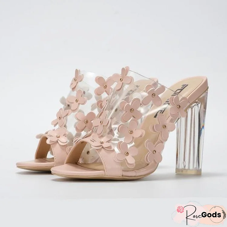 Women Transparent High Heel Sandals With Small Flower Open Toe Summer Sandals
