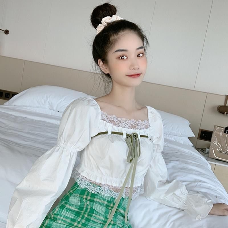 Sexy Top Women Blouse With Lace Up Off Shoulder Tops Puff Sleeve White Shirt Vintage Ruffle Crop Top Solid Color Black Female