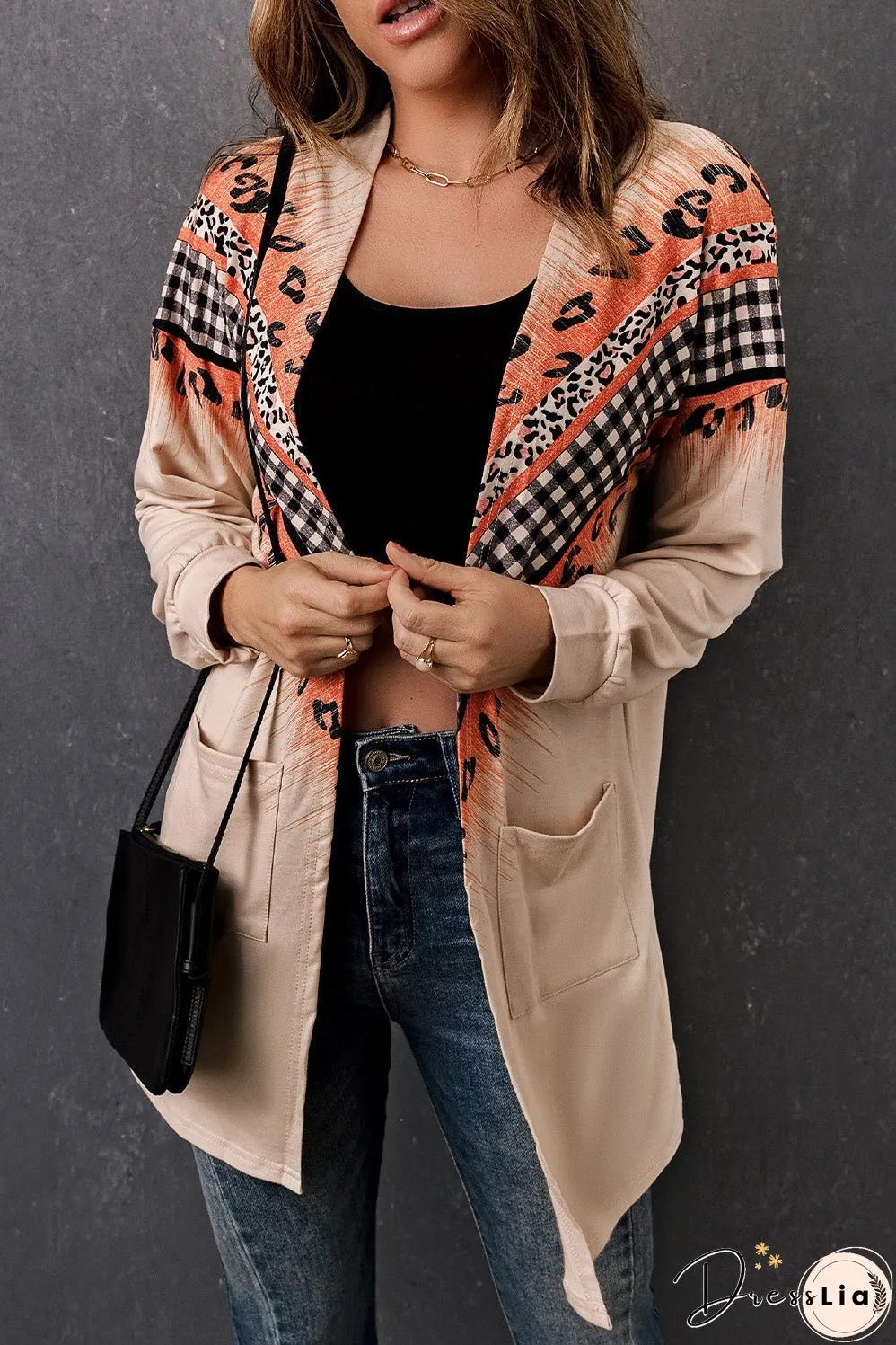 Double Take Leopard Plaid Open Front Longline Cardigan with Pockets