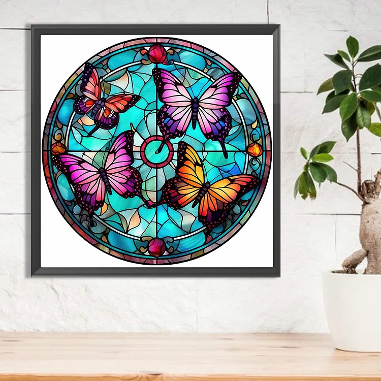 Round Plate Glass Painting Butterfly 30*30cm(canvas) full round