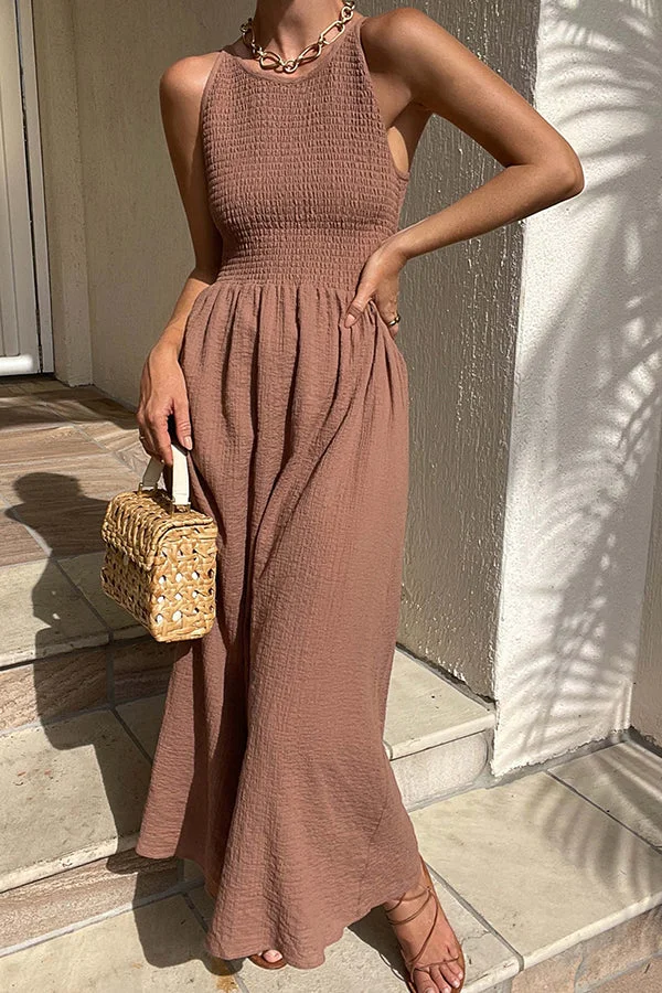 Sailor Linen Blend Smocked Back Lace-up Midi Dress