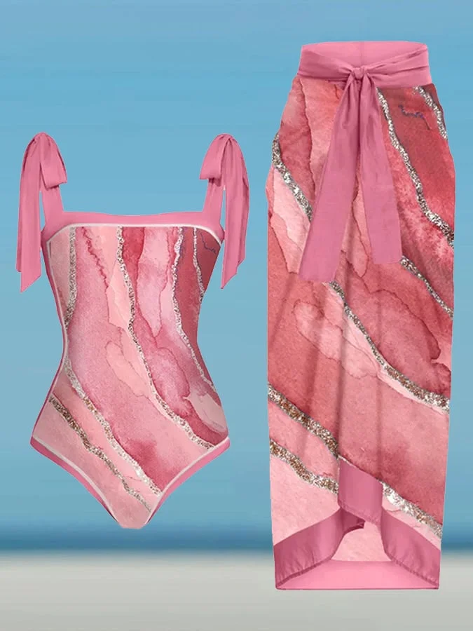 Women's Vintage Marble Color Block Swimsuit Cover Up Set