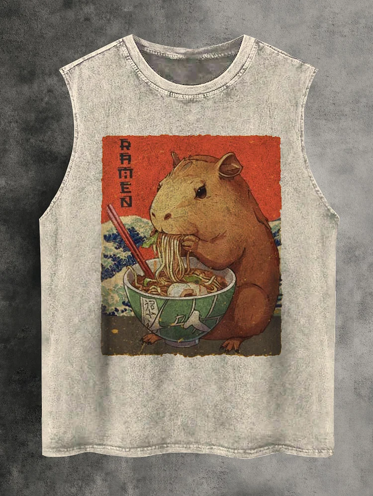 Men's Cute Capybara Eating Ramen Print Cotton Tank Top