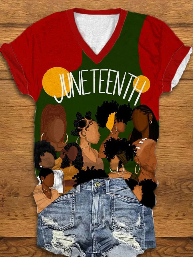 Women's Celebrate Juneteenth Together Print V-Neck T-Shirt 