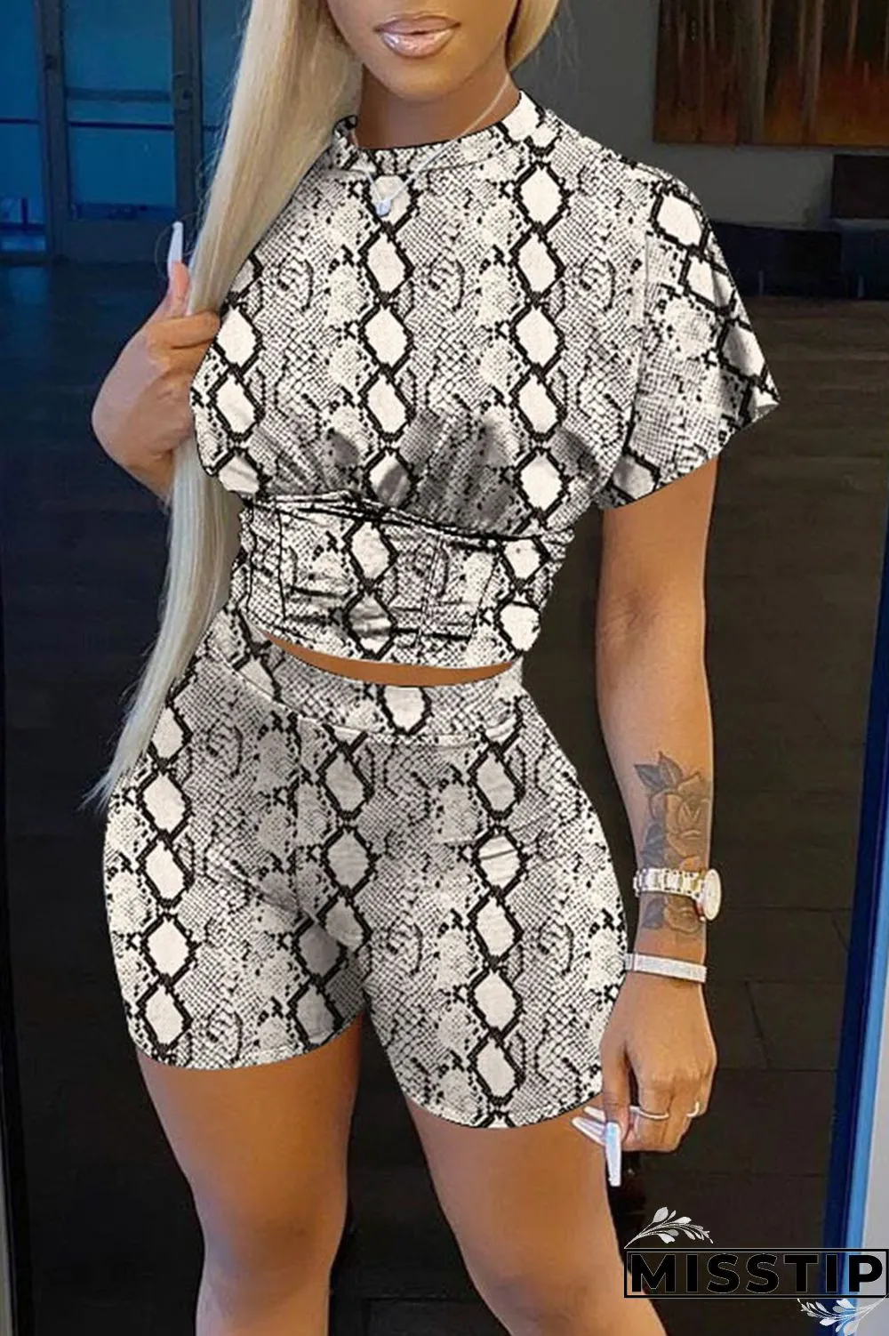 Pink Casual Print Patchwork O Neck Short Sleeve Two Pieces