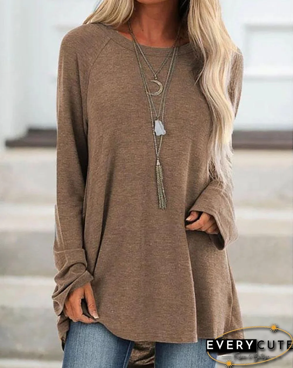 Gray Cotton Casual Crew Neck Solid Shirts & Tops