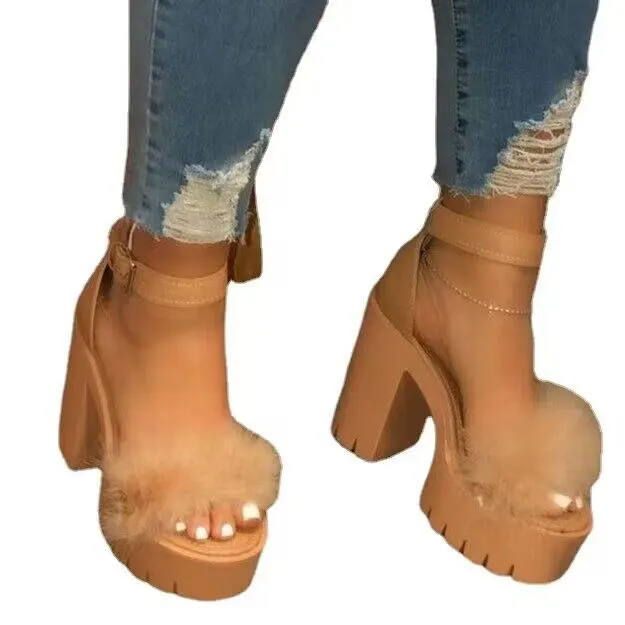 Yyvonne Summer New Thick Heel Sandals Women Feel A Buckle With Fur Fashion Women's Sandals