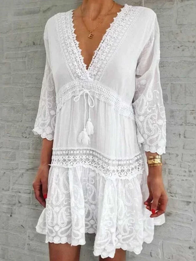 Women's Solid Color Printed V-Neck Dress