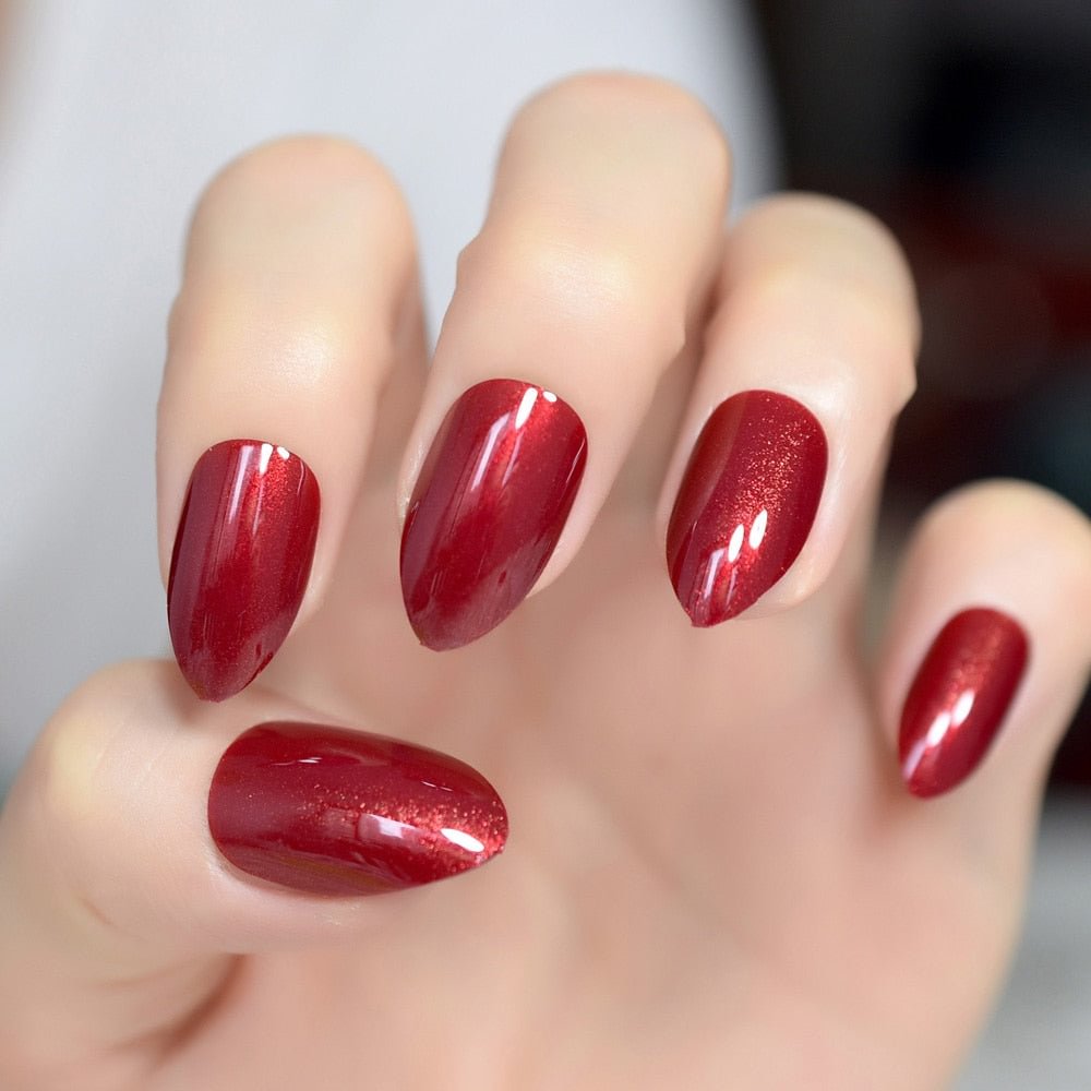 Claret-red False Nails Almond Oval Stiletto Sharp Shimmer Burgundy Red Fake Nail Pointed Full Cover Gel Wear Nep Nagels