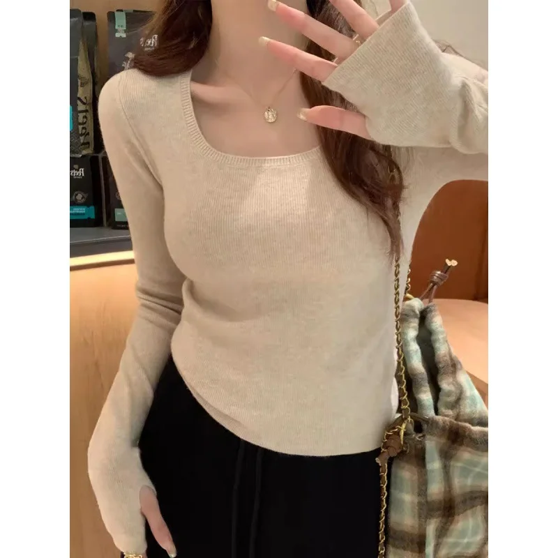 Uveng Uveng Bottomed Women's 2024 New Spring And Autumn Gray Sweater To Collar Knitted Shirt High-End Feel Inside The Top