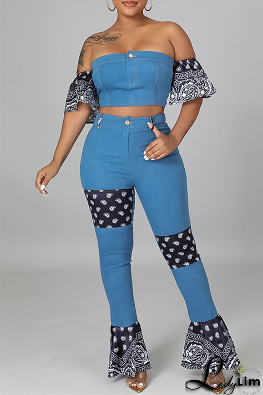 Dark Blue Sexy Casual Patchwork Backless Strapless Short Sleeve Two Pieces