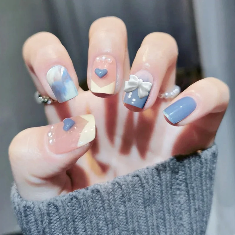 24pcs Pink Smudges False Nails Patch Glue Type Removable Short Paragraph Manicure Nail patch Finished Printing Fake Nails-Nail Inspo