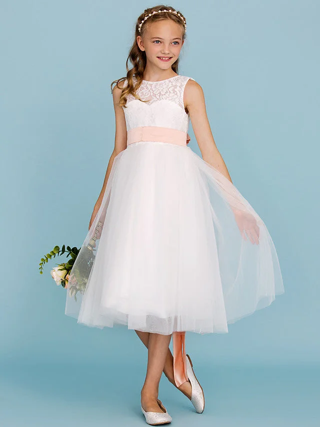 Princess / A-Line Crew Neck Tea Length Lace / Tulle Junior Bridesmaid Dress With Sash / Ribbon / Pleats / Wedding Party / Open Back / See Through