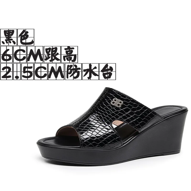 Breakj Breakj Leather Slope And Slippers Women Wearing Fashion Pine Cake Thick Bottom Fitting Room A Word Drag Anti-Slip High And Cow Skin Cold Drag