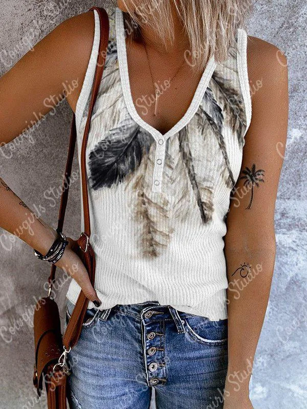 Crew Neck Tribal Feather Button Tank Top