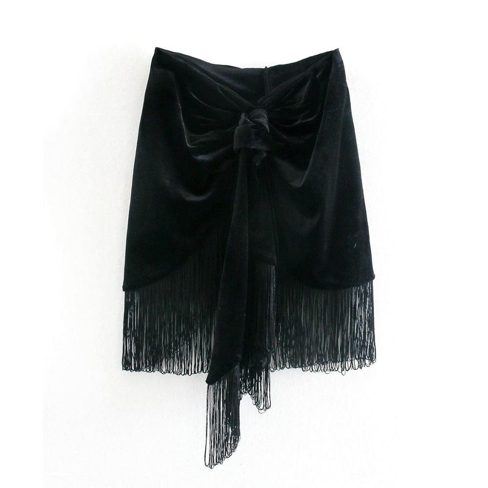 2020 New Women Velvet Skirt Fringed High-waisted Mini Skirt Knot detail Tassel Hem Casual Chic black woman skirts