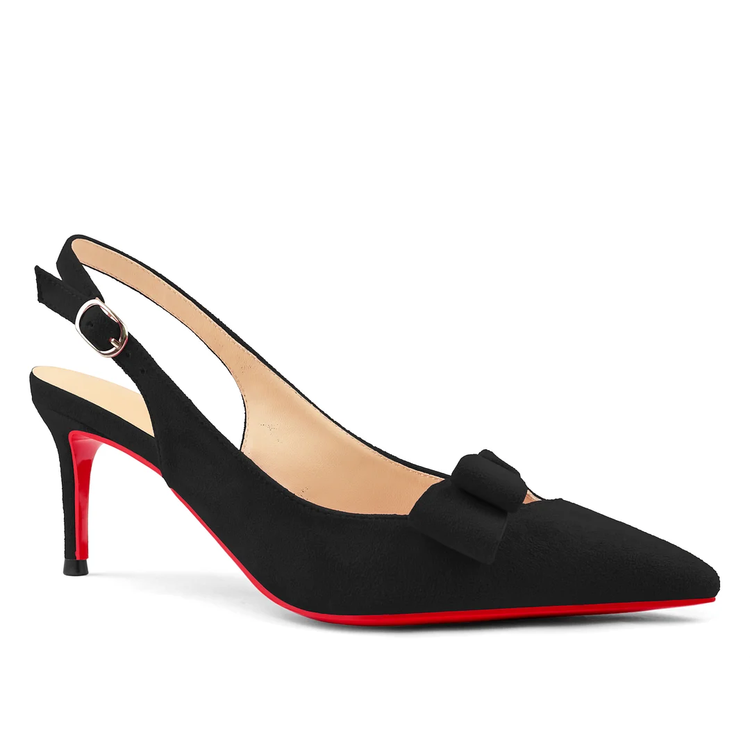 60mm Women's Pointed Toe Kitten Heels Bow-Knot Slingback Pumps Red Bottom Suede Sandals-MERUMOTE