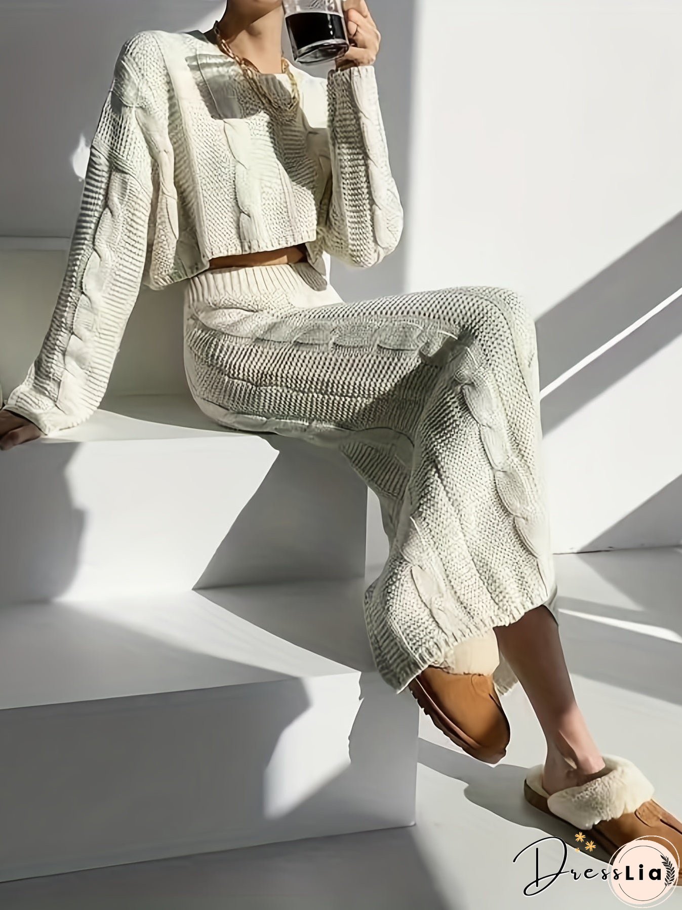 Twist Pattern Knitted Two-piece Set, Long Sleeve Crop Top & Split Maxi Skirt Outfits, Women's Clothing